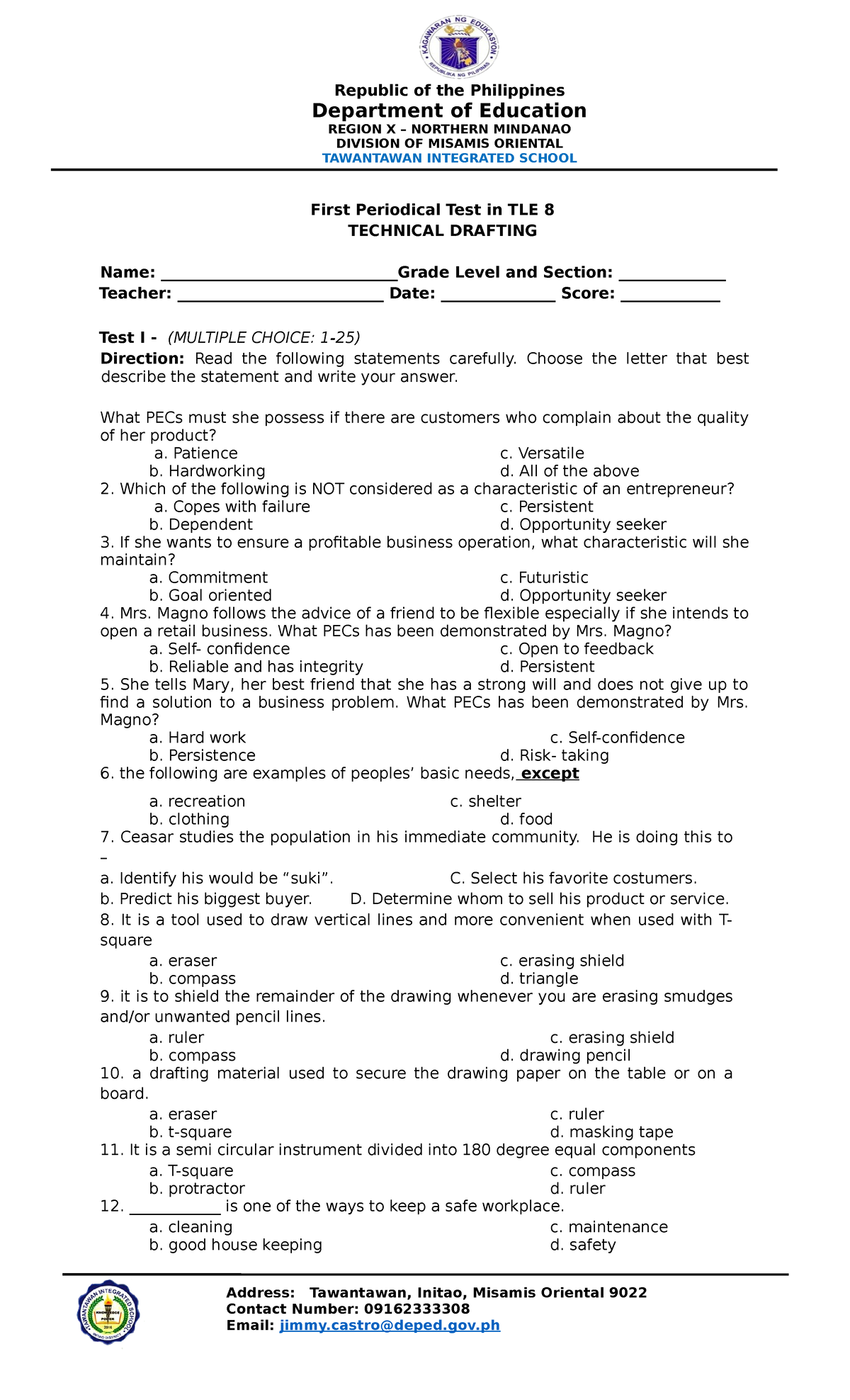 Tle 8 - EXAM - Department of Education REGION X – NORTHERN MINDANAO ...