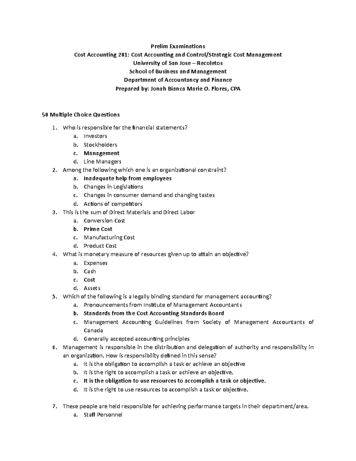 Prelim Exam 1ST SEM 2021-2022 - Prelim Examinations Cost Accounting 201 ...