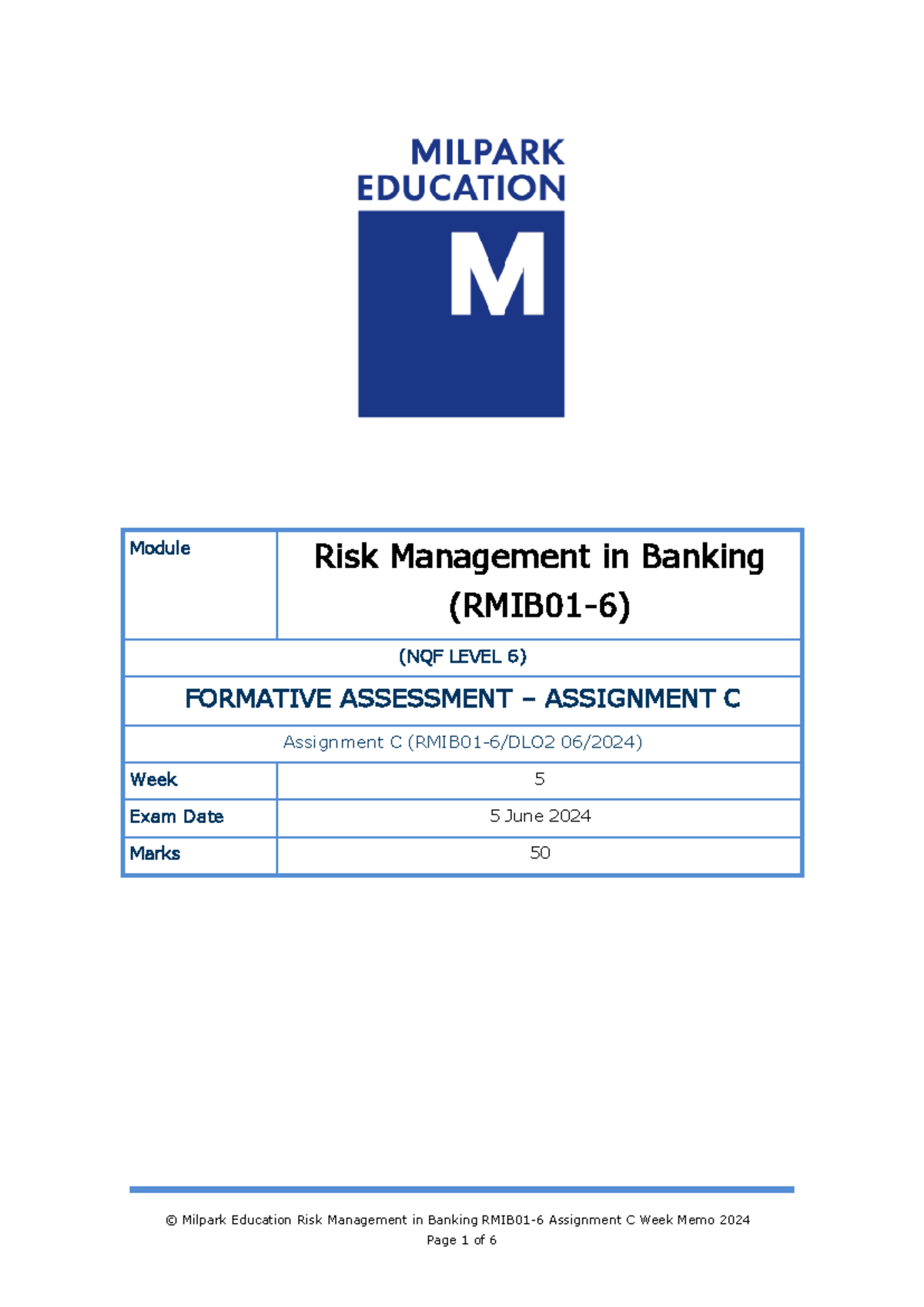 Assignment 3 RMIB - need help - © Milpark Education Risk Management in ...