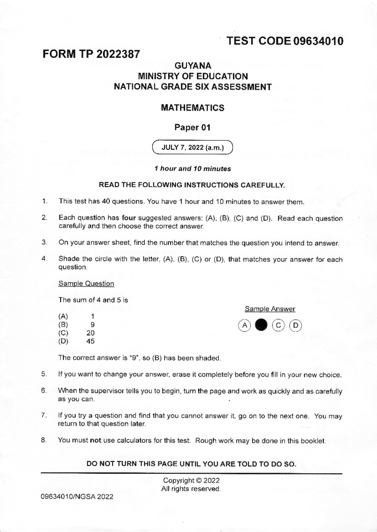 Mathematics Paper I G6 - ICT - TEST CODE 09634010 FORM TP 2022387 ...
