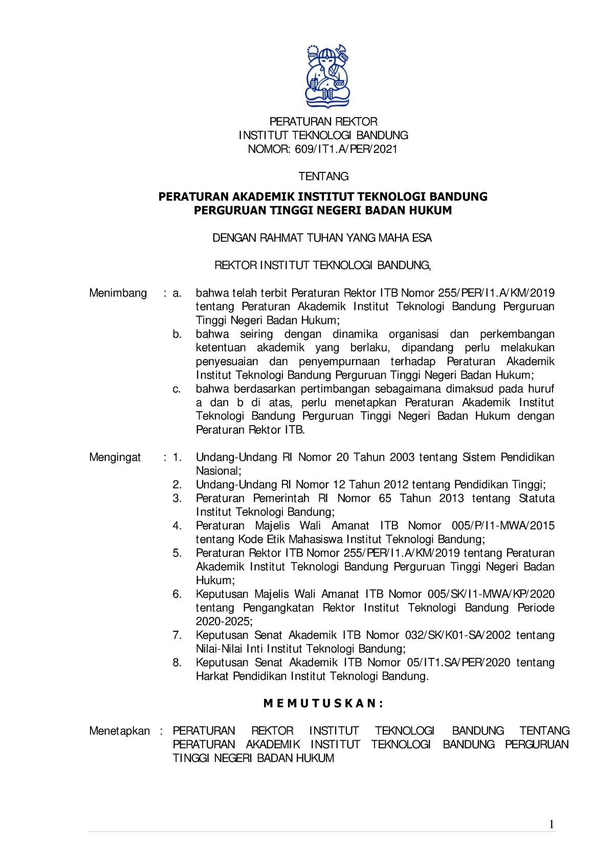 Peraturan Rektor ITB Tentang Peraturan Akademik ITB Ptnbh 2021 ...