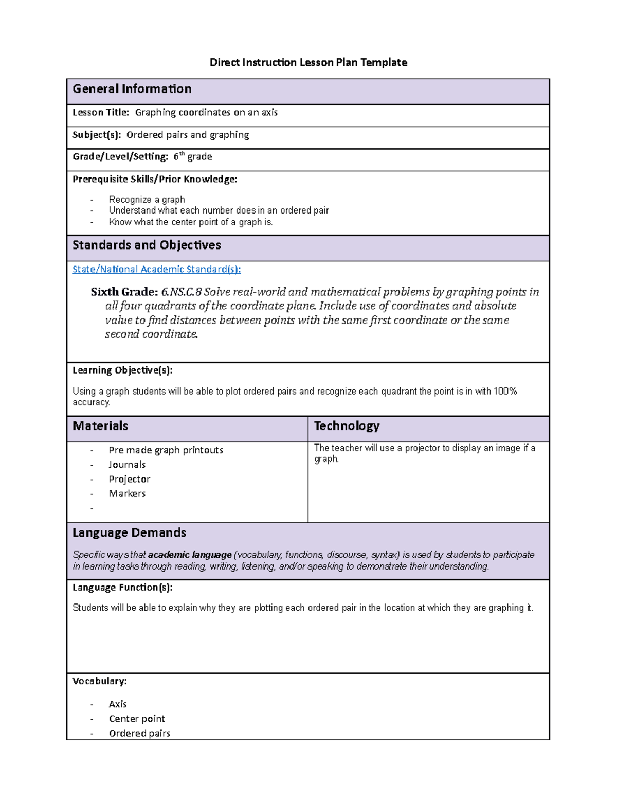 AUA2 Task 1 lesson plan - Direct Instruction Lesson Plan Template ...