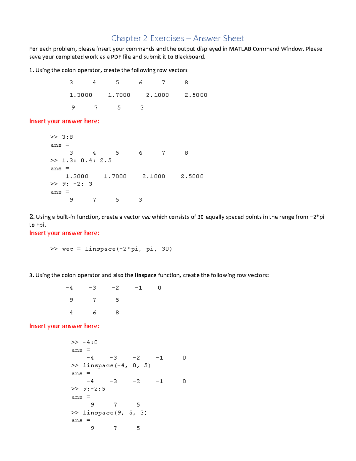 Chapter 2 Exercises Answer Sheet Chapter 2 Exercises Answer