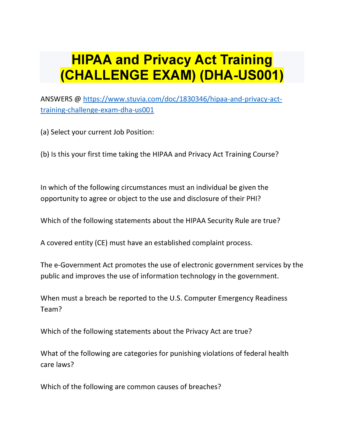 Hipaa and Privacy Act Training ( Challenge EXAM) (DHA US001) HIPAA