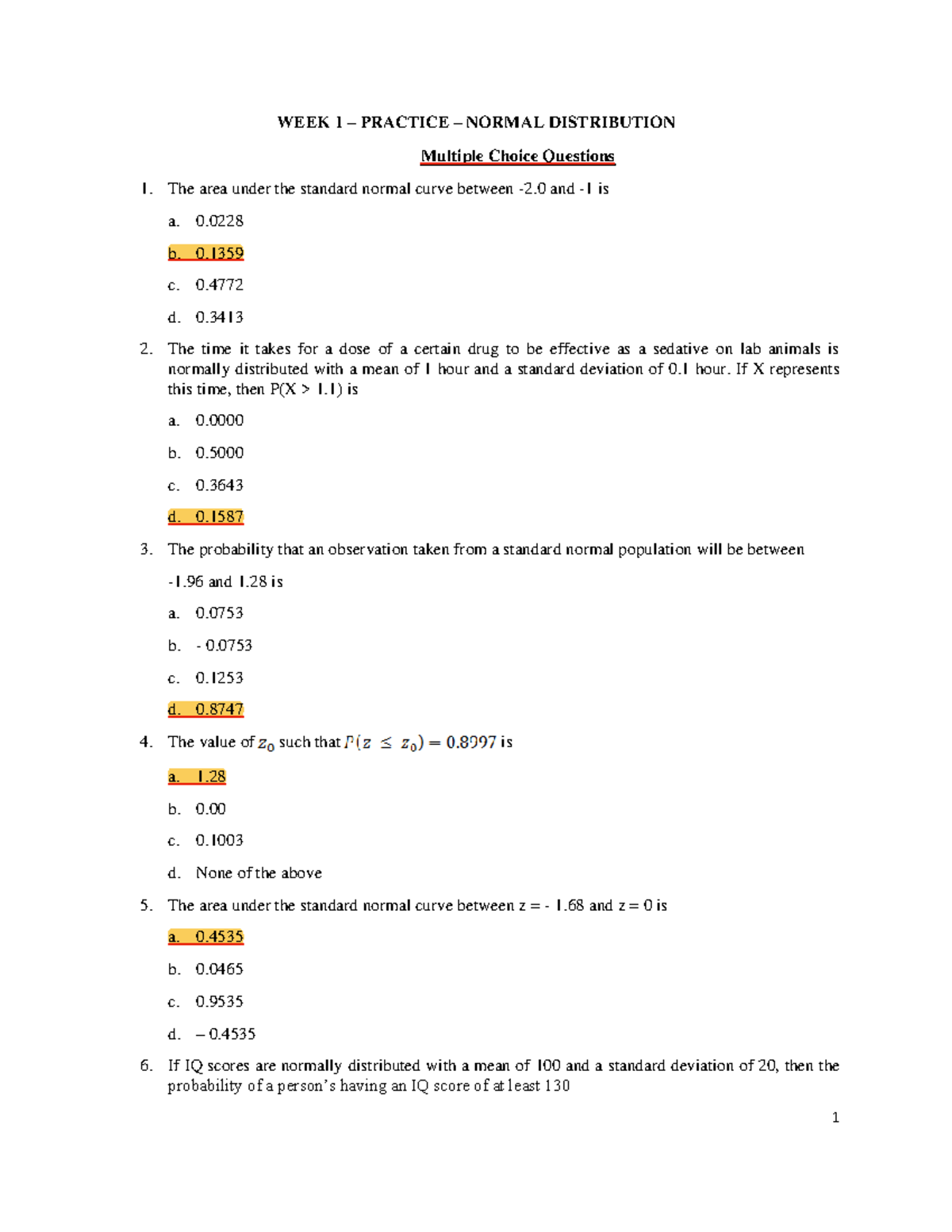 Nominal Distribution 1 WEEK 1 PRACTICE NORMAL DISTRIBUTION Multiple Choice Questions The
