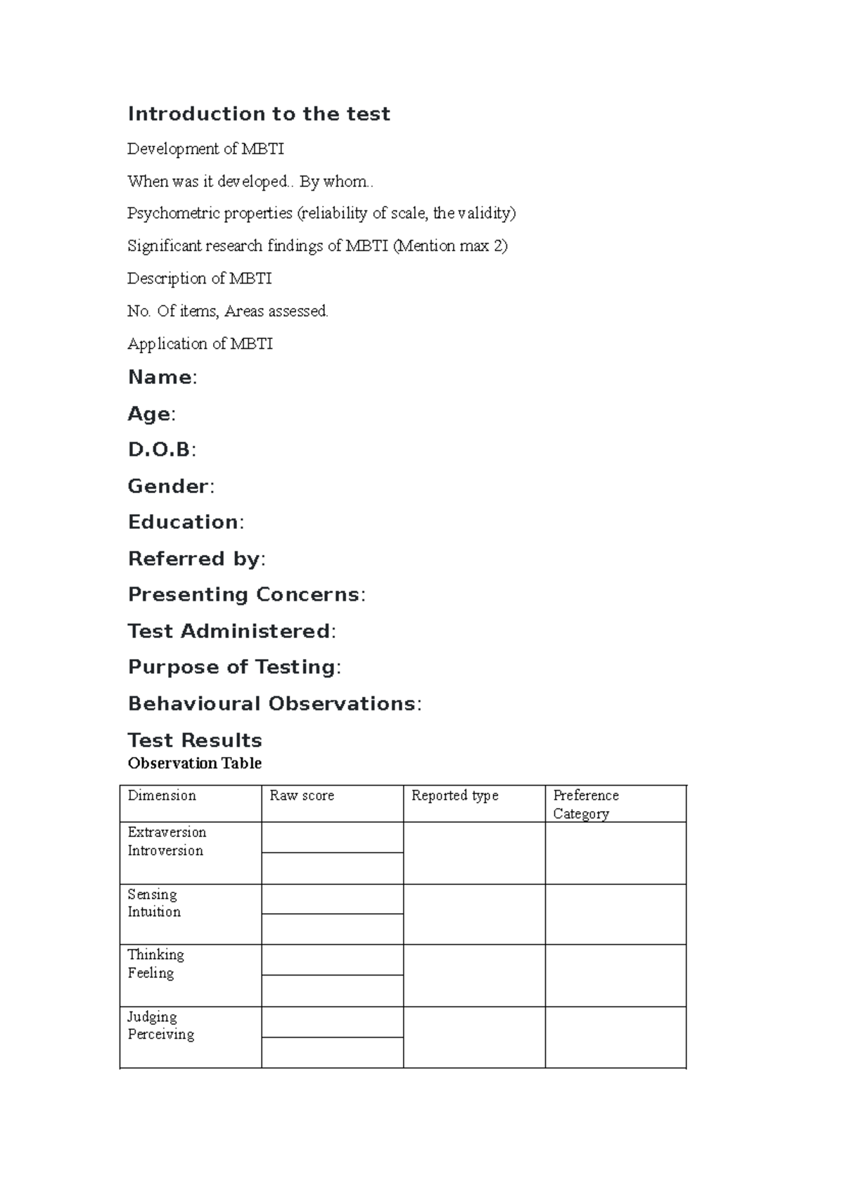 Test report format MBTI - Introduction to the test Development of MBTI ...