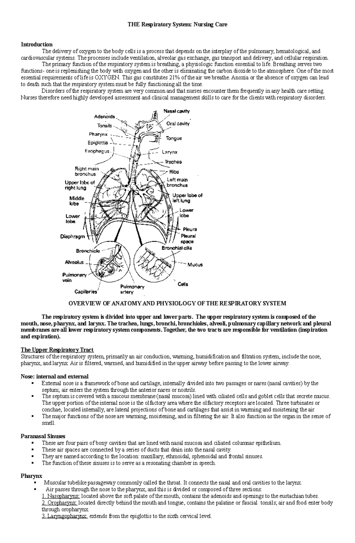 Oxygenation notes - THE Respiratory System: Nursing Care Introduction ...