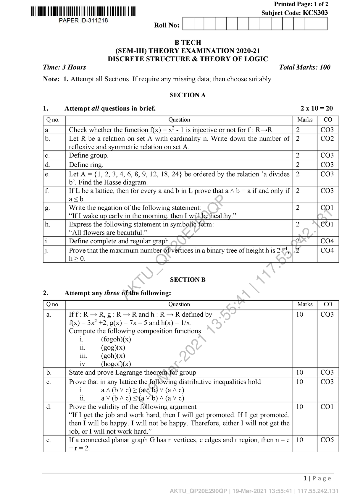 Discrete-KCS-303do - Ques. Paper - AKTU_QP20E290QP | 19-Mar-2021 13:55: ...