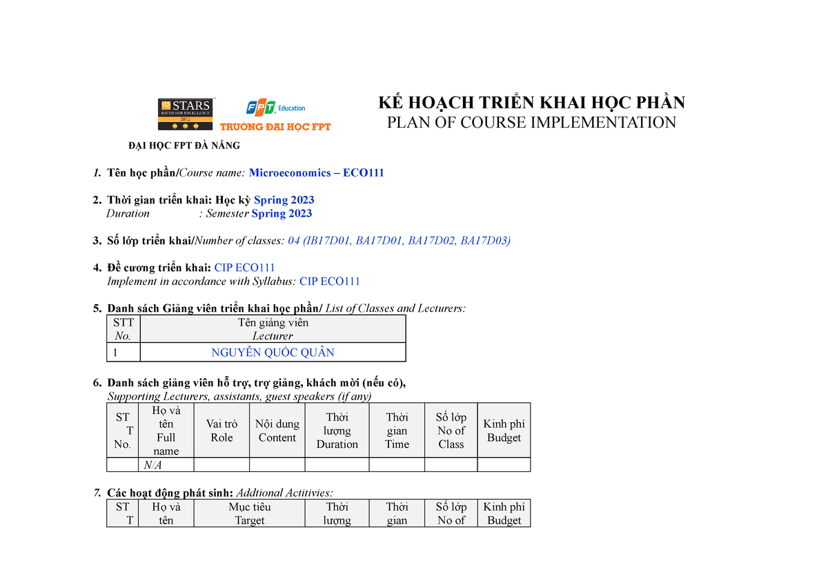 CIP ECO111 2023 - KẾ HOẠCH TRIỂN KHAI HỌC PHẦN PLAN OF COURSE ...