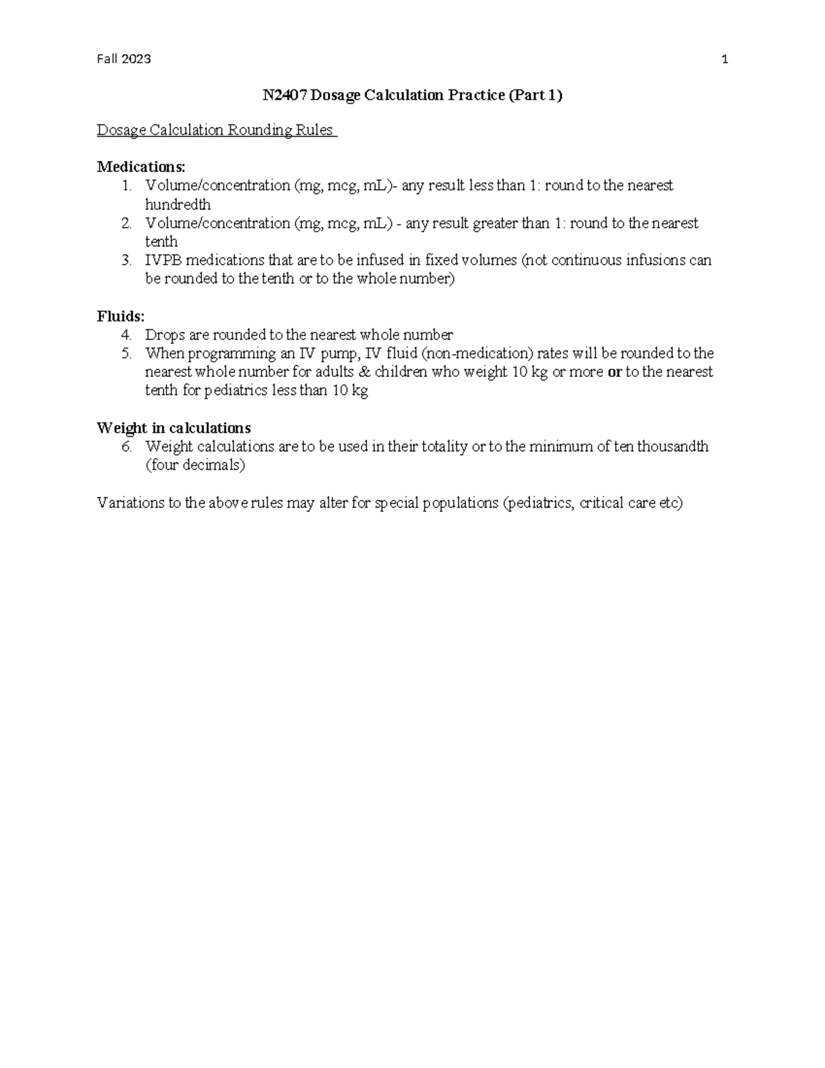 Dosage Calc Practice 1 - N2407 Dosage Calculation Practice (Part 1 ...