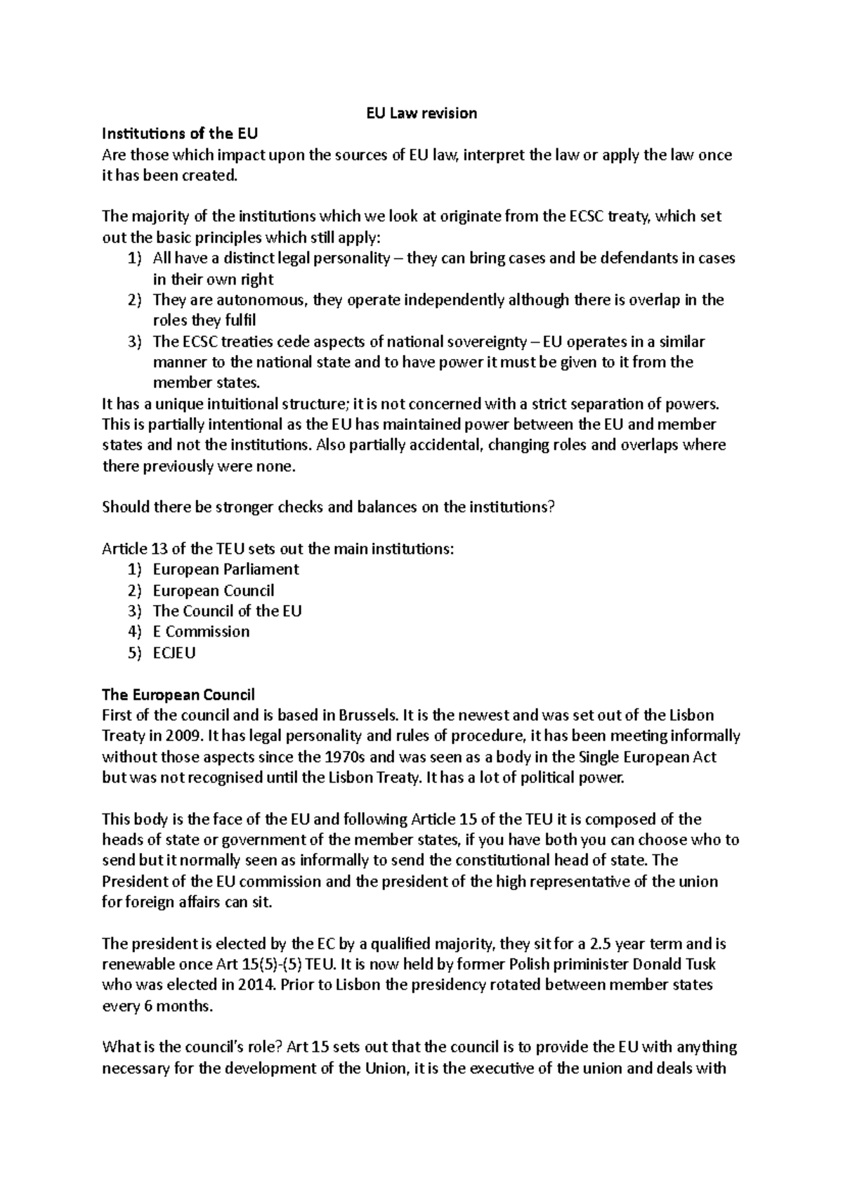 Lecture notes, lectures 1 - 6 - EU Law revision Institutions of the EU ...