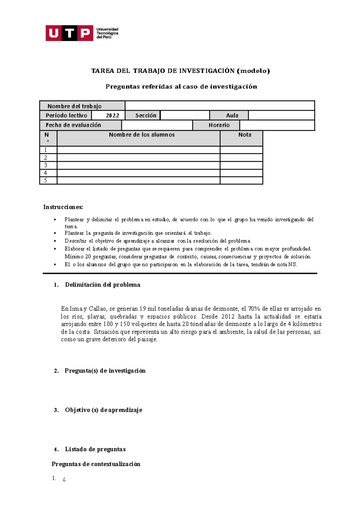 Semana 5 - Tarea 1 - Modelo - TAREA DEL TRABAJO DE INVESTIGACIÓN ...