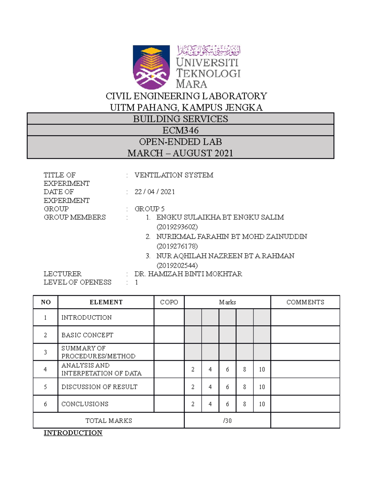 Ventilation System LAB REPORT ECM346 CIVIL ENGINEERING LABORATORY