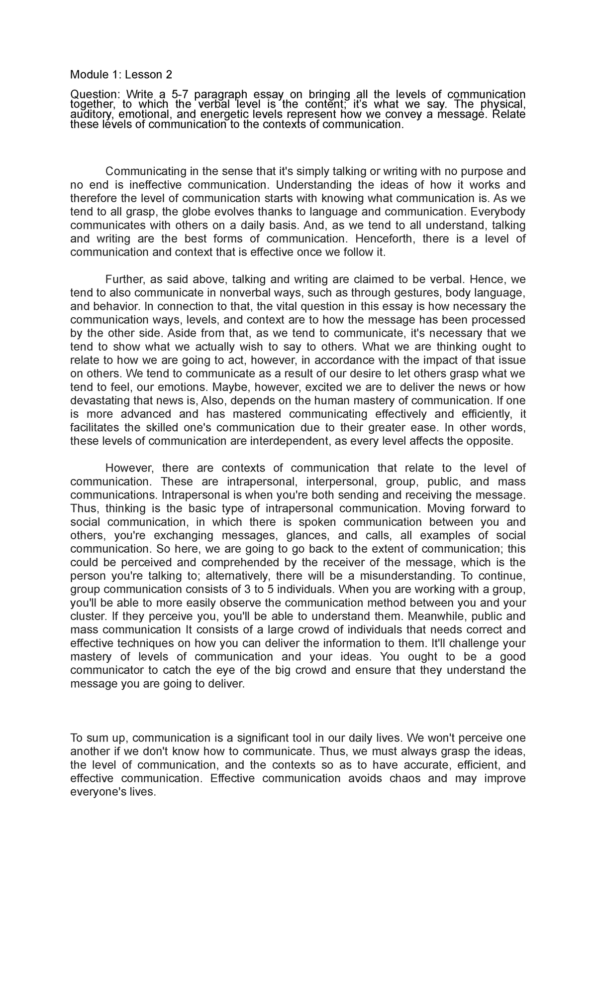 Lesson 2 OF Communication - Module 1: Lesson 2 Question: Write a 5-7 ...
