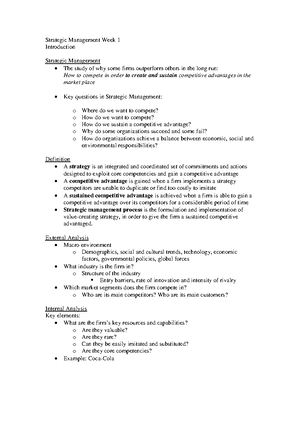 Strategic Management notes - Strategic Management Week 1 – Introduction ...