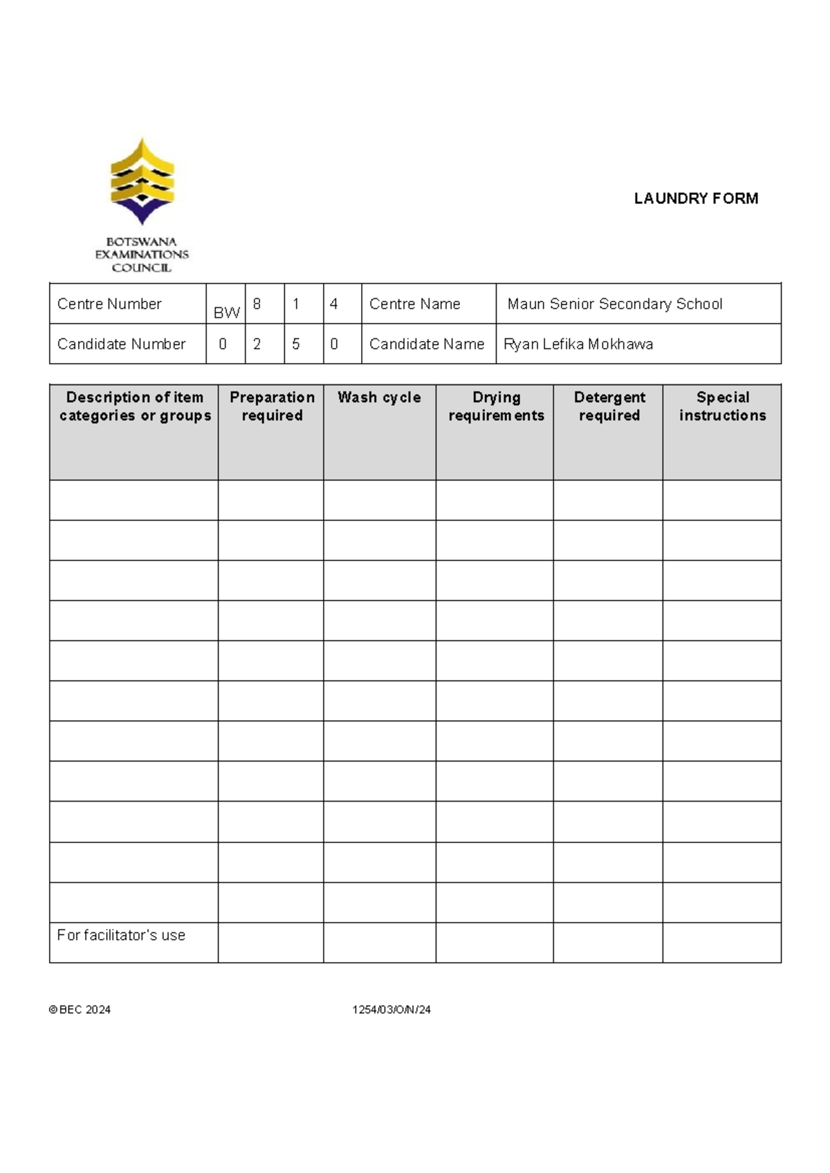 2024 BSSE House Keeping Laundry FORM Paper 3 - Introduction to ...