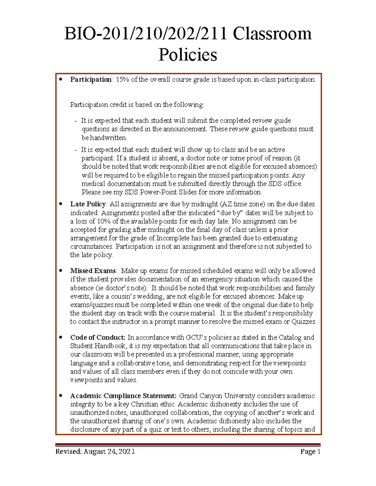 A&P Classroom Policies - BIO-201/210/202/211 Classroom Policies ...