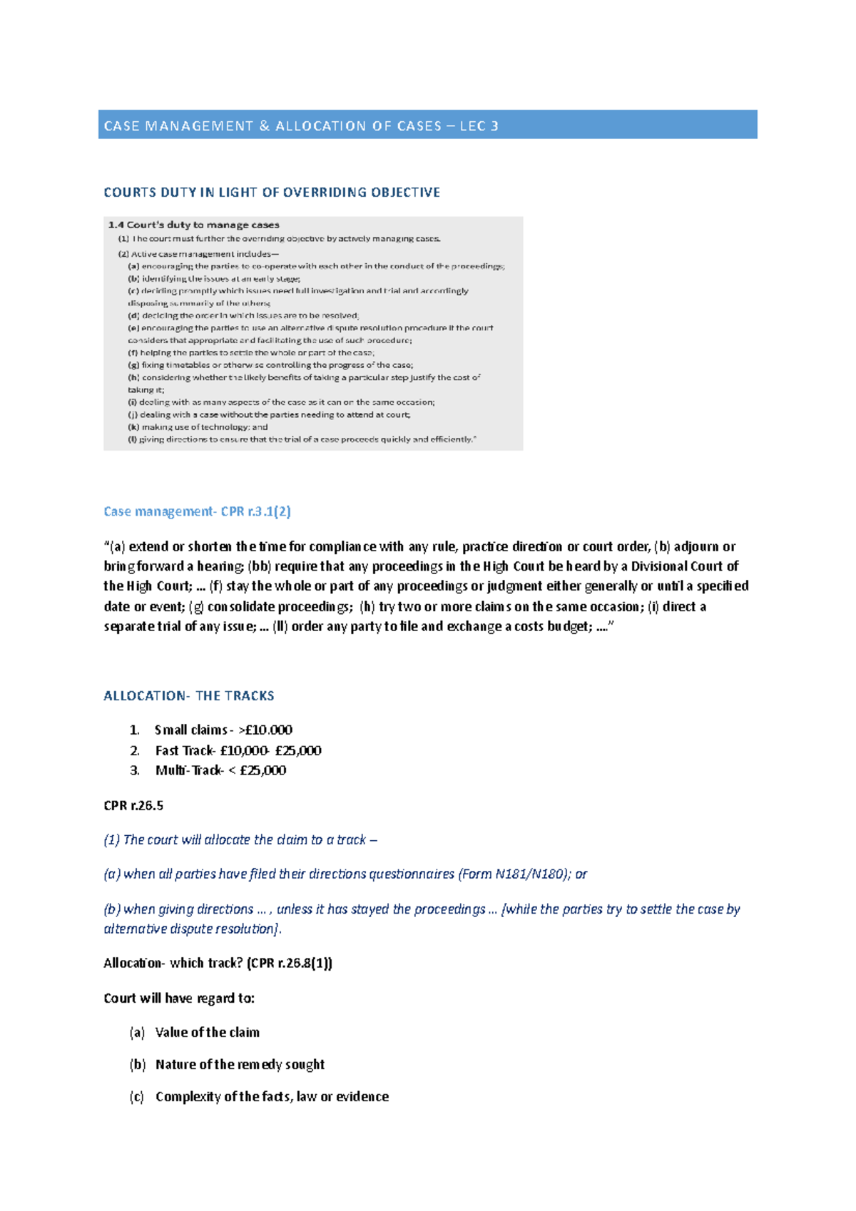 Dispute Resolution Lecture Notes - CASE MANAGEMENT & ALLOCATION OF ...