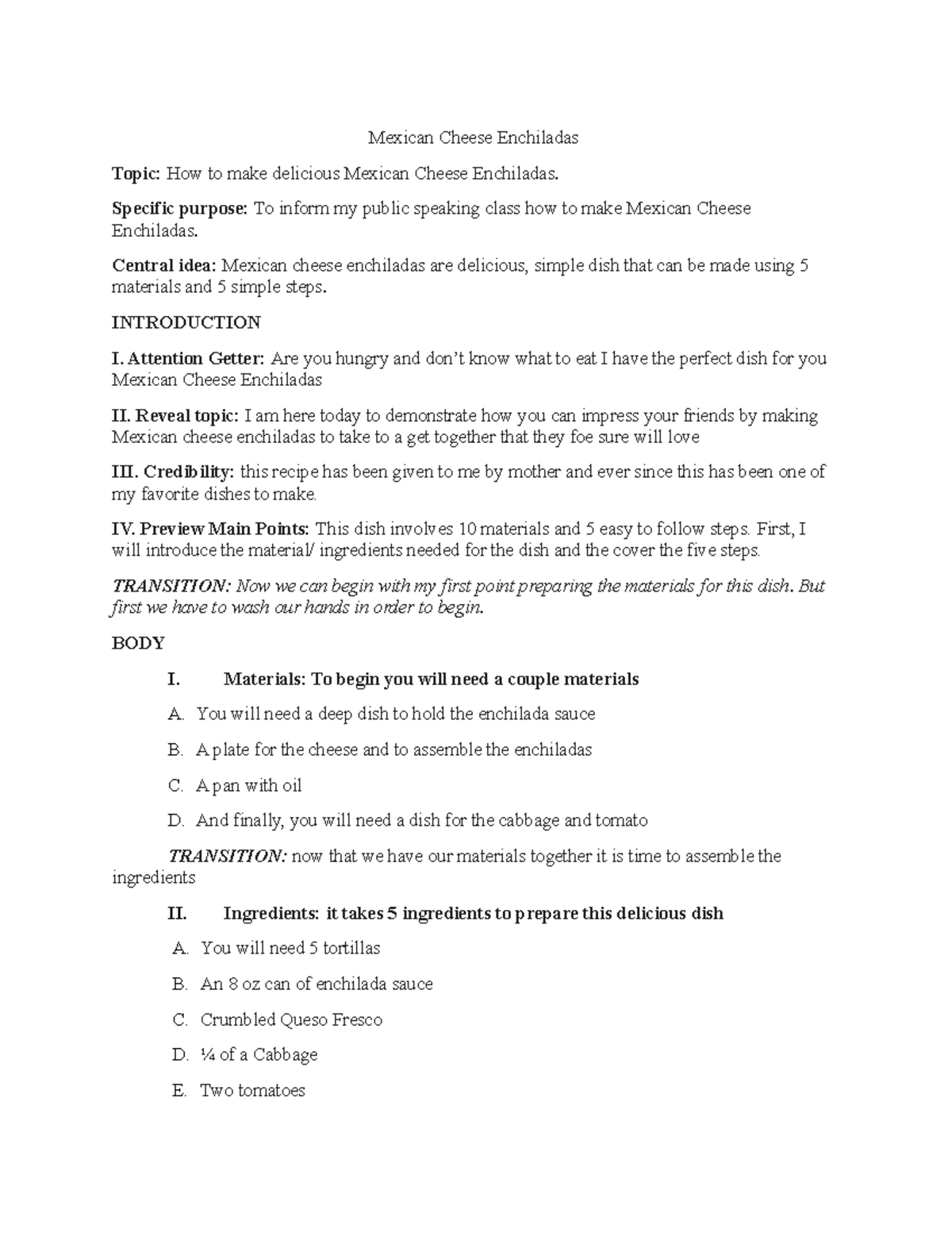 Demonstration Speech Outline Mexican Cheese Enchiladas Topic How To 