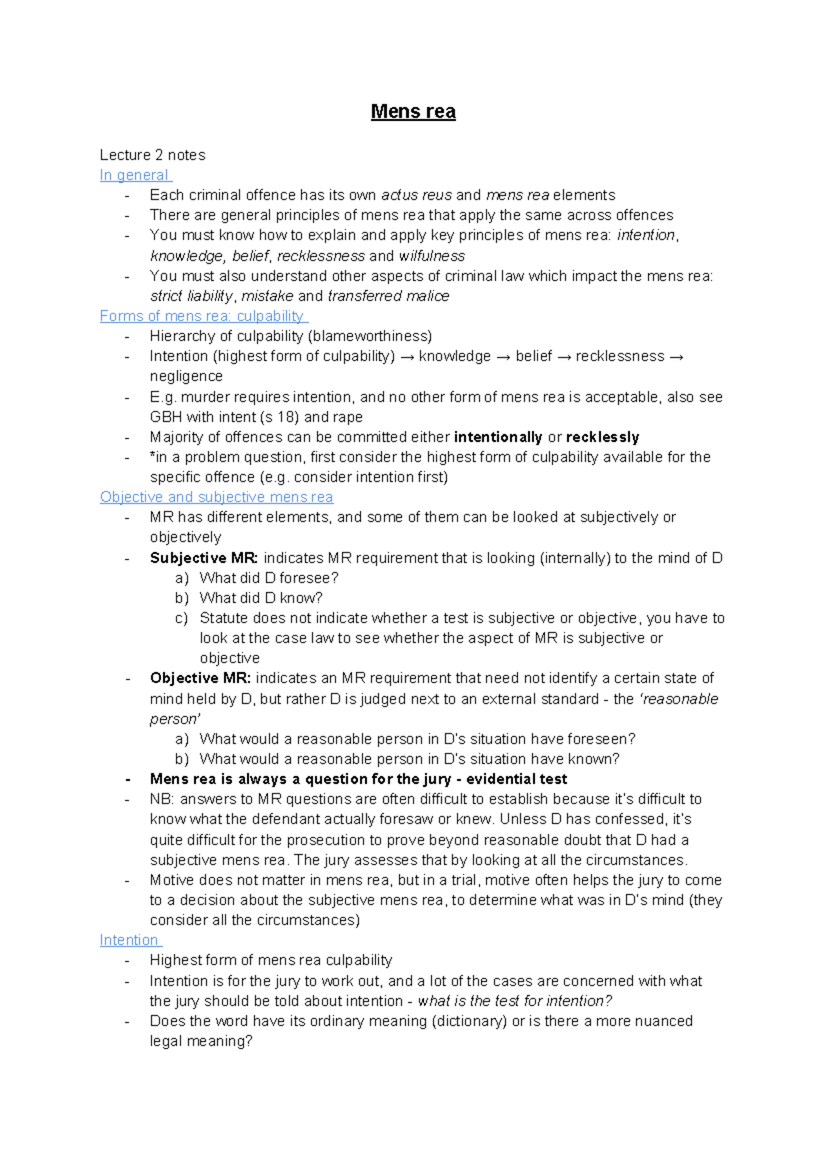 Mens Rea Notes Criminal Law Mens Rea Lecture 2 Notes In General