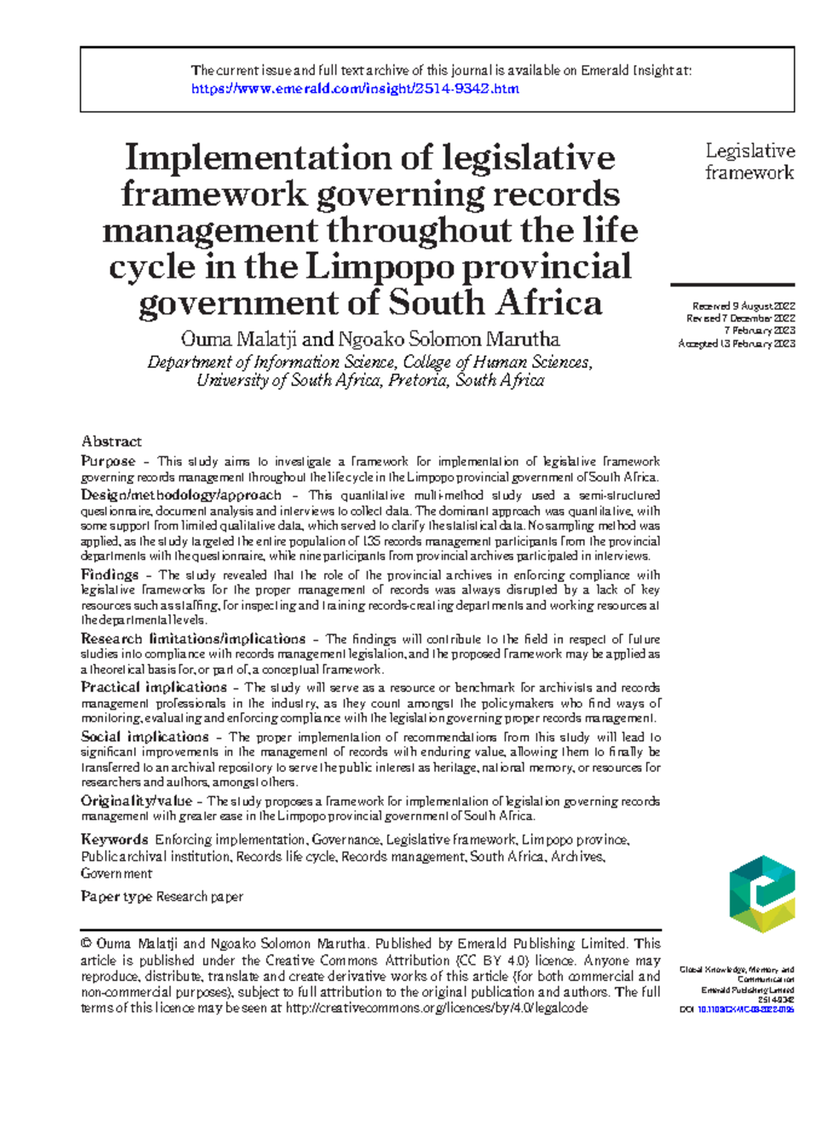 Article 1 - Implementation of legislative framework governing records ...
