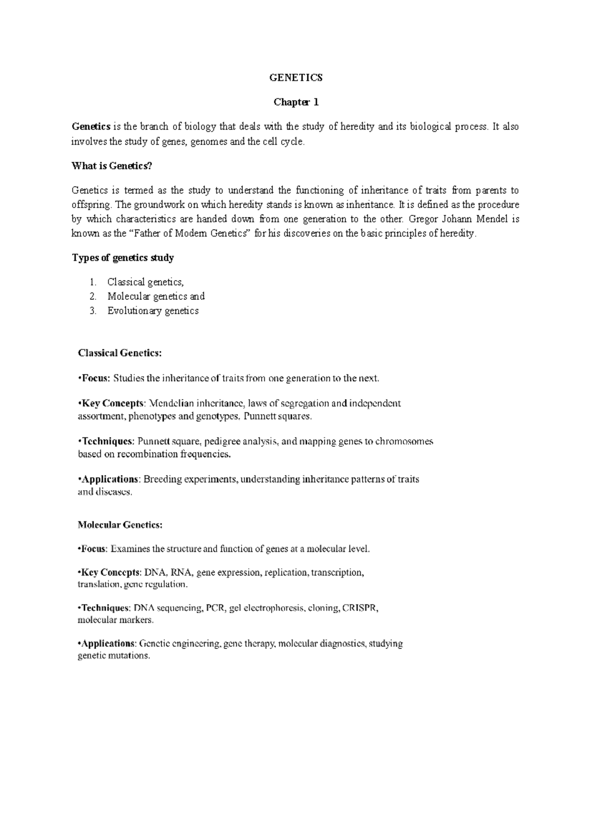 Part-1-hand notes - easy - GENETICS Chapter 1 Genetics is the branch of ...
