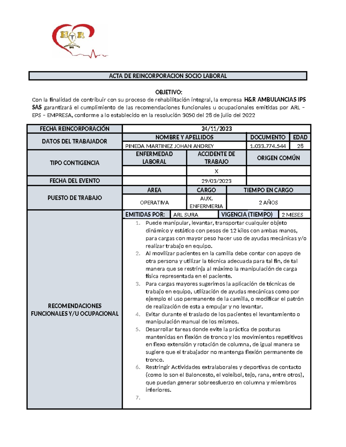 1.. Formato RSL y Seguimiento Laboral - ACTA DE REINCORPORACION SOCIO ...