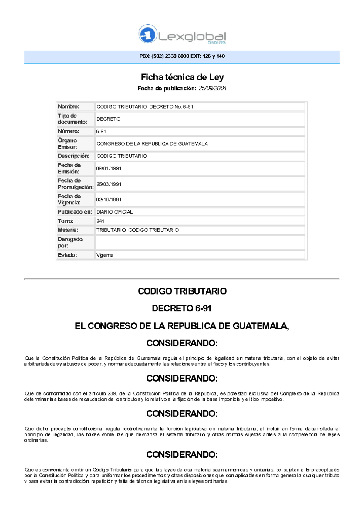 Ley - Codigo Tributario, Decreto No. 6-91 - 25-09-2001 - PBX: (502 ...