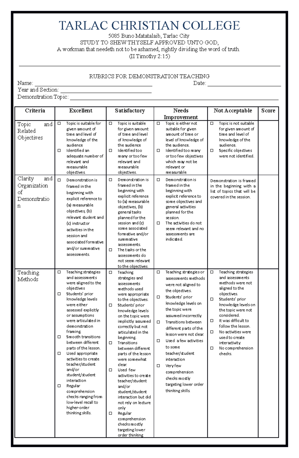 CC213-Rubric for Demonstration Teaching - TARLAC CHRISTIAN COLLEGE 5085 ...