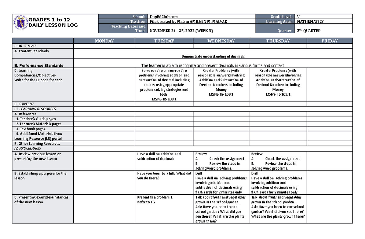 DLL Mathematics 5 Q2 W3 - ..HAND OUT - GRADES 1 to 12 DAILY LESSON LOG ...