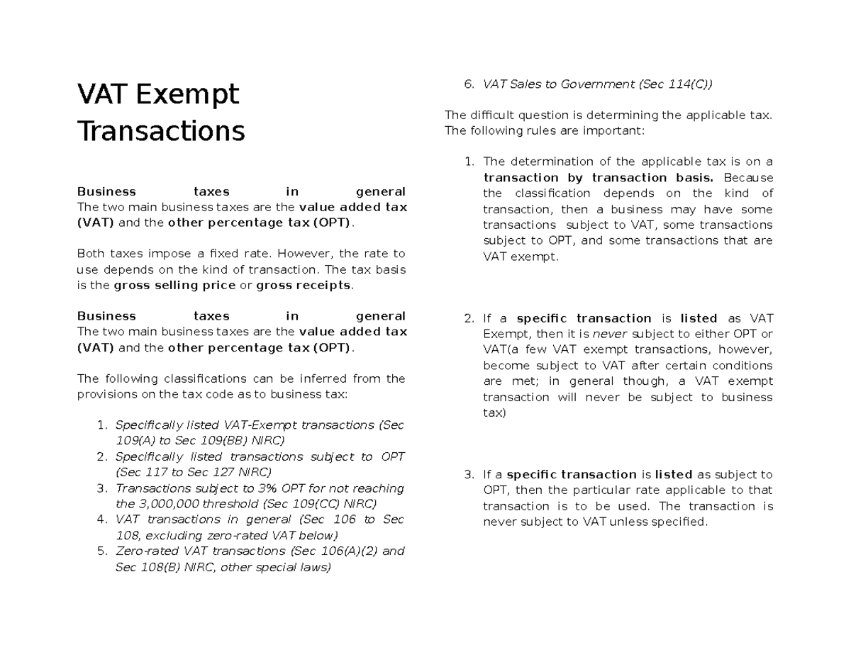 VAT Exempt Transactions - VAT Exempt Transactions Business taxes in ...