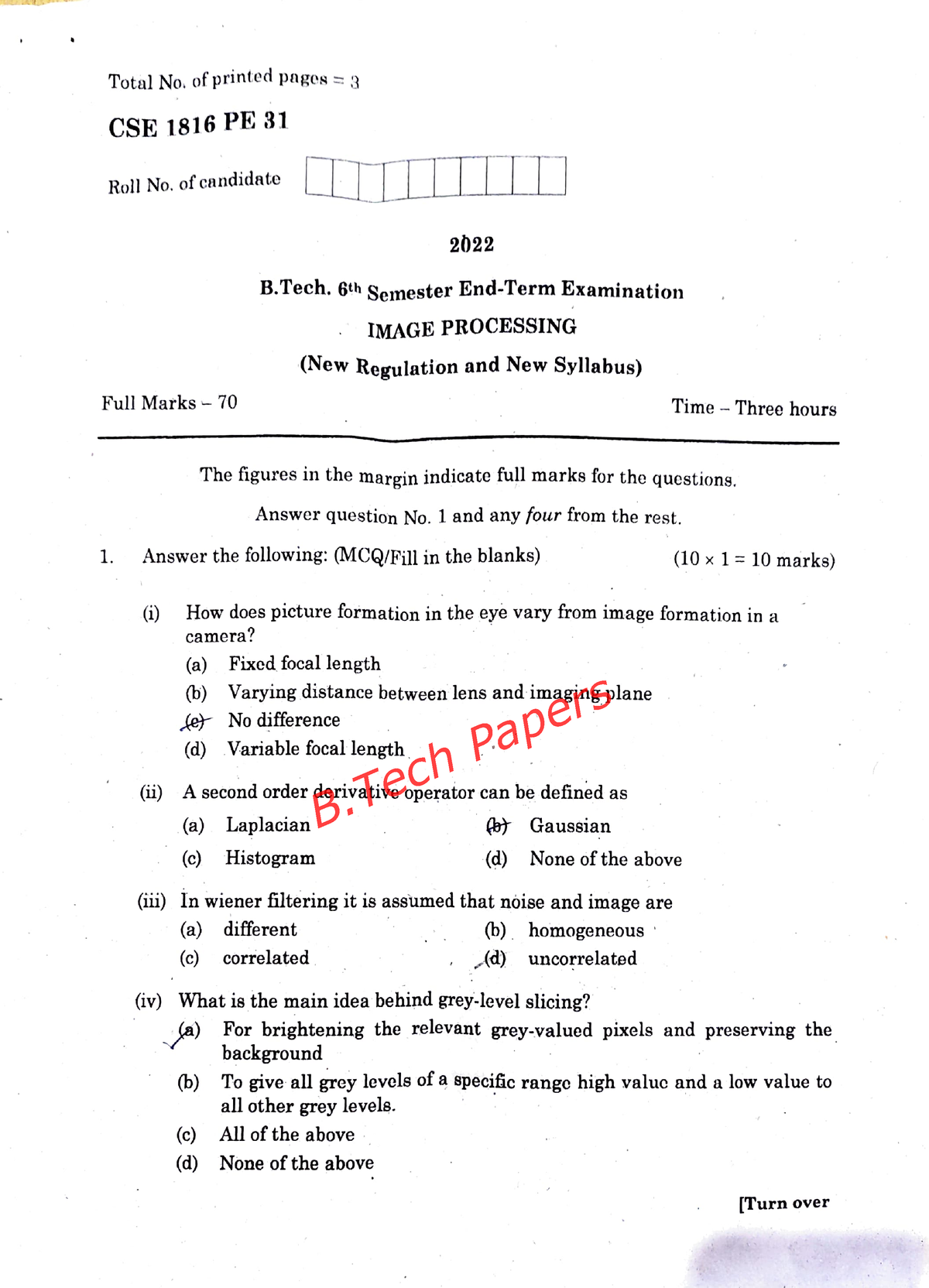 Image Processing 2022 - Total No. Of Printed Pages = 3 Cse 1816 Pe 31 