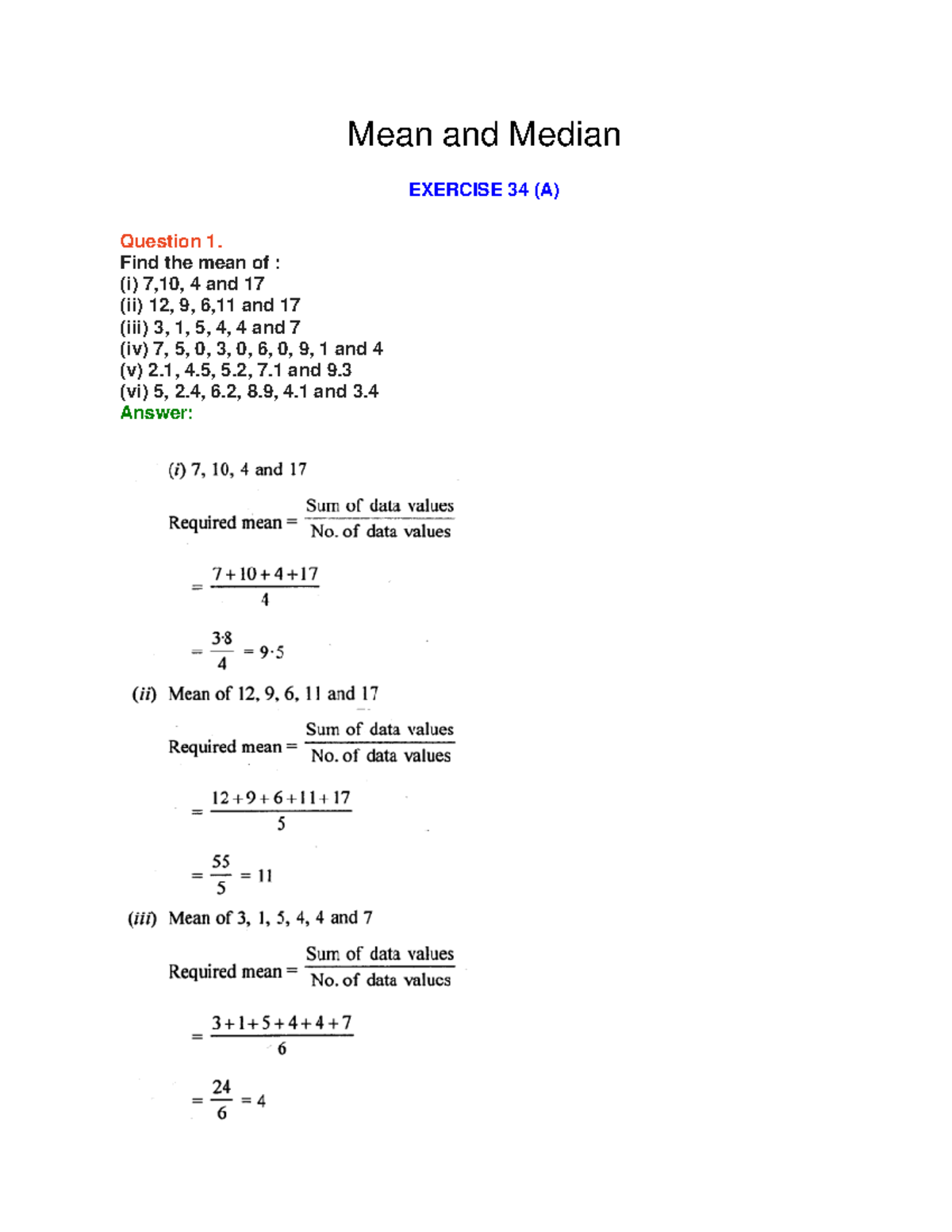 Mean and Median - notes - ncertbooksolutions EXERCISE 34 (A) Question 1 ...