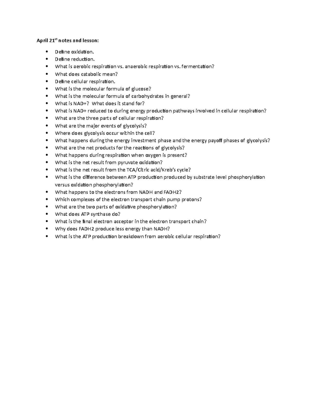 Cell respiration notes - April 21st notes and lesson: Define oxidation ...