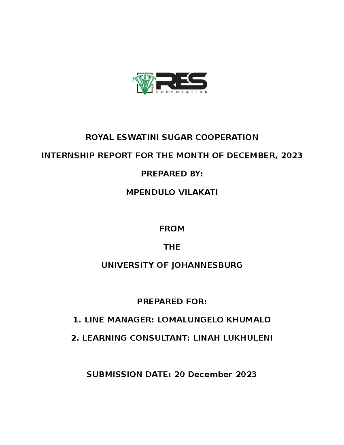 Internship Report FOR December 2023 - ROYAL ESWATINI SUGAR COOPERATION