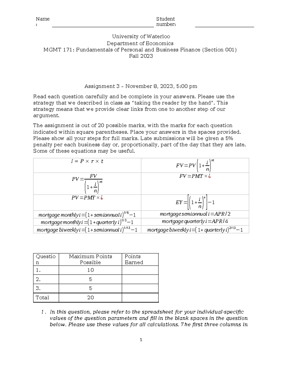 Assignment 3 - : number: University of Waterloo Department of Economics ...