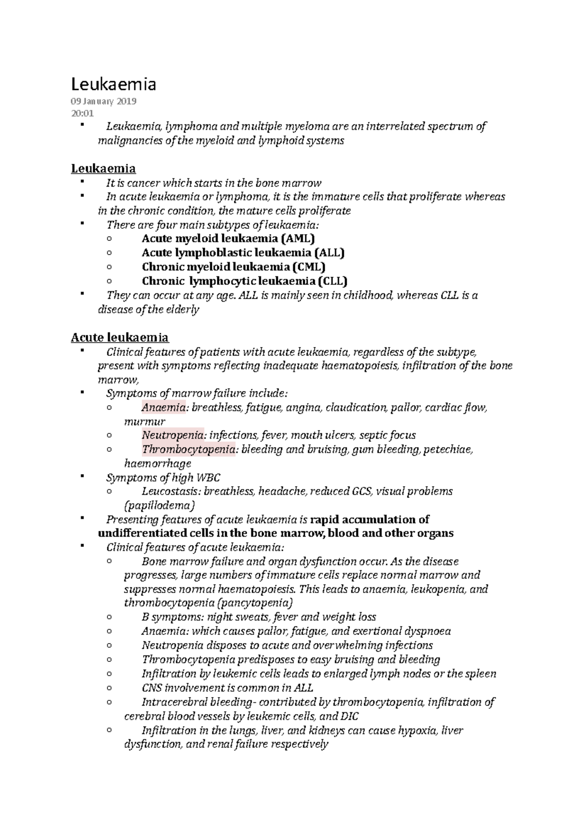 Leukaemia - Lecture notes 4 - Leukaemia 09 January 2019 20: Leukaemia ...