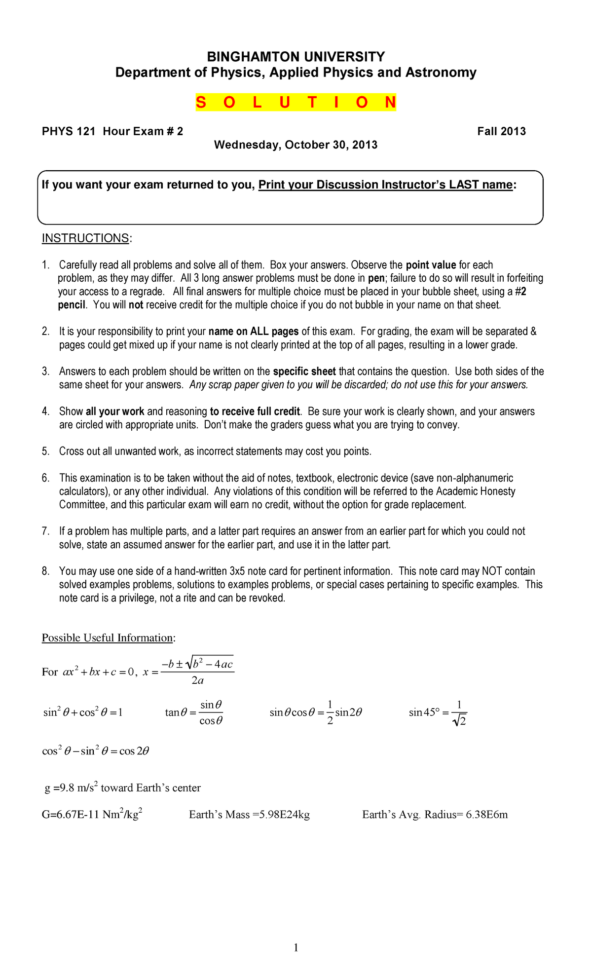 Exam 2 Solution practice BINGHAMTON UNIVERSITY Department of