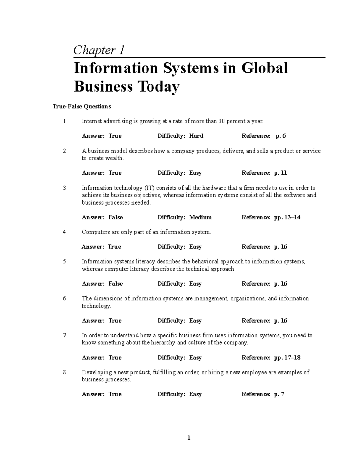 MIS10E testbank CH01 - Chapter 1 Information Systems in Global Business ...