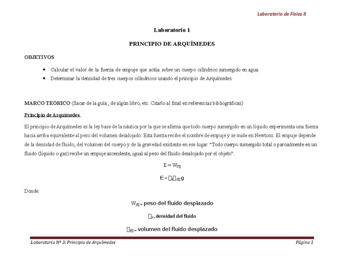 Informe Laboratorio 1 - Laboratorio 1 PRINCIPIO DE ARQUÍMEDES OBJETIVOS
