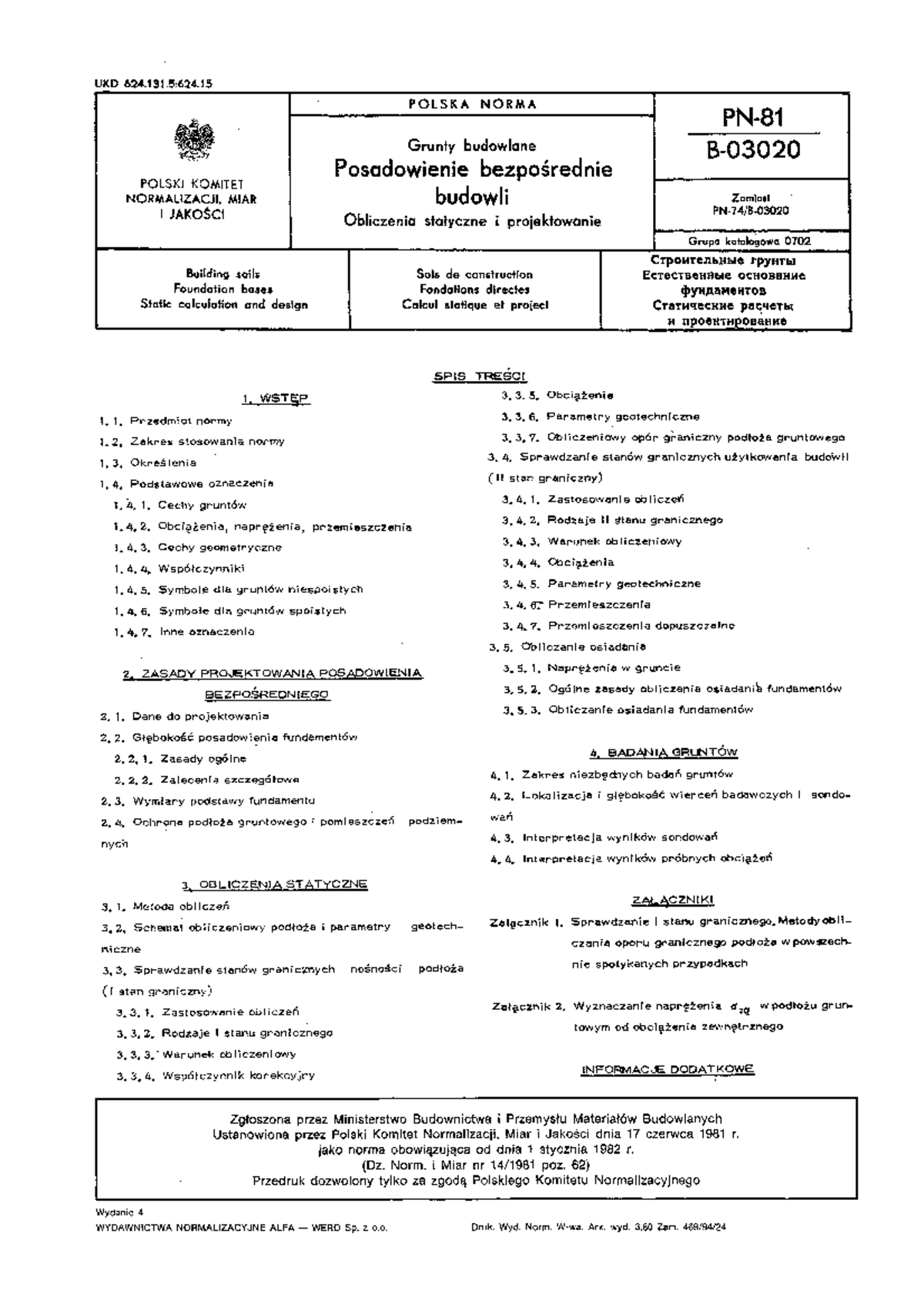 PN-81 B-03020 - Posadowienie Bezpośrednie Budowli - Budownictwo - Studocu