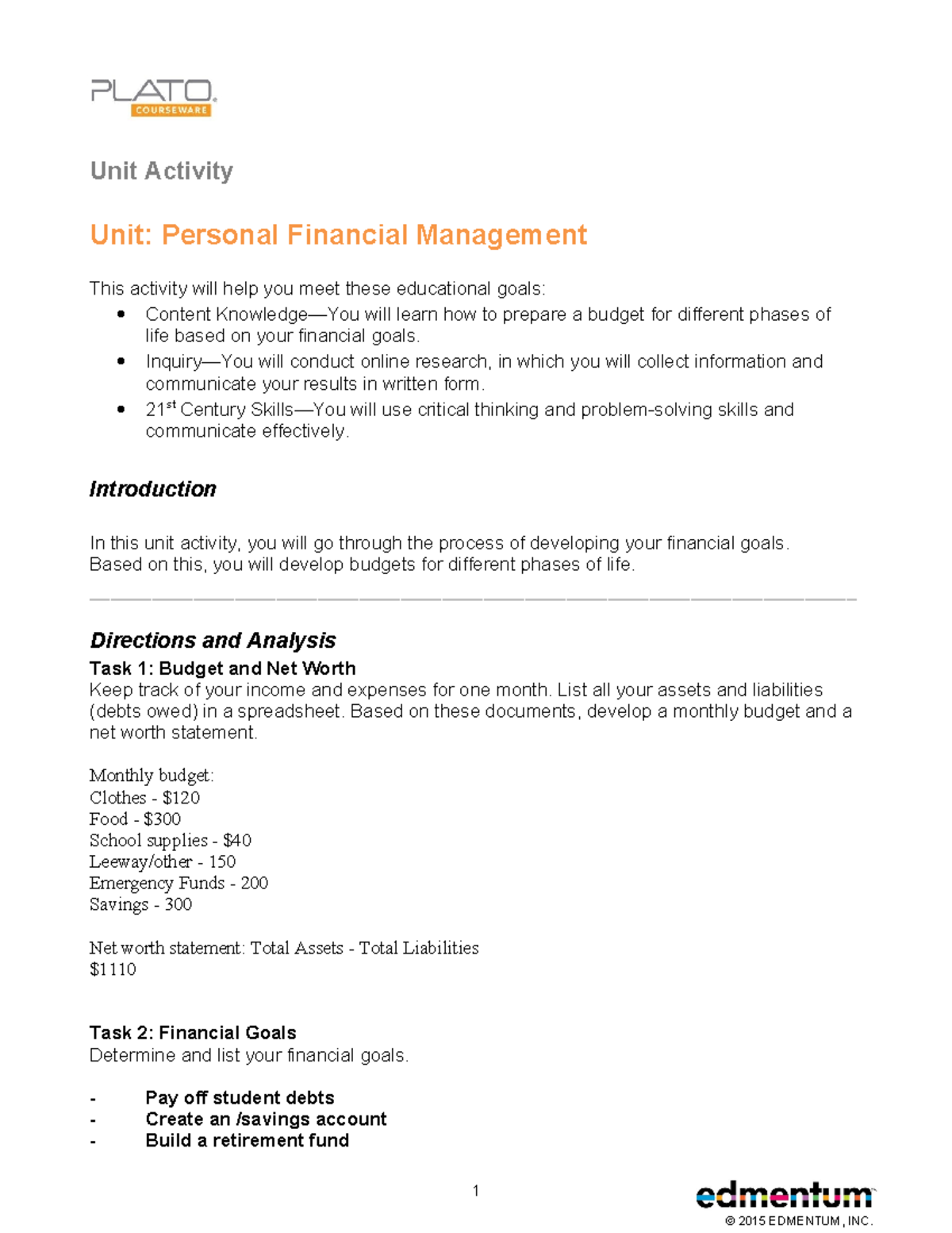 Personal Financial Management UA (2) - © 2015 EDMENTUM, INC. Unit ...
