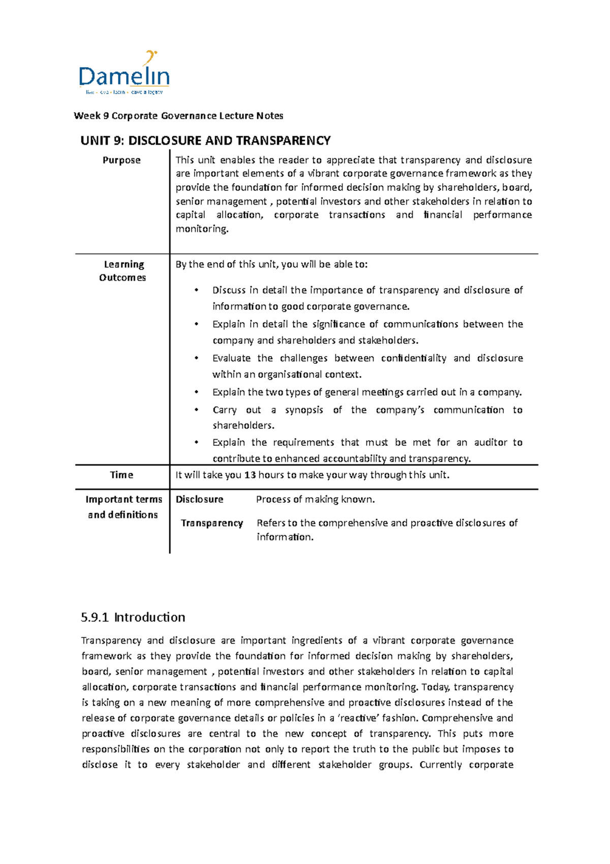 DISCLOSURE AND TRANSPARENCY - Week 9 Corporate Governance Lecture Notes ...