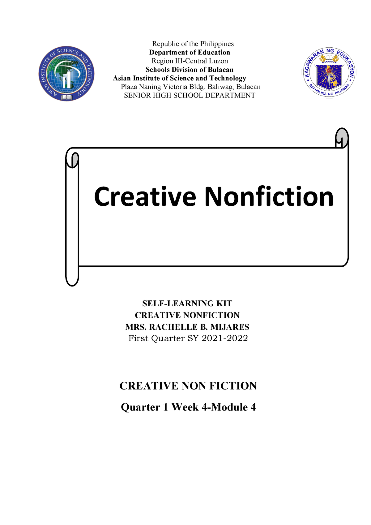 RBM-1st Quarter Creative Nonfiction Week 4 - SELF-LEARNING KIT CREATIVE ...