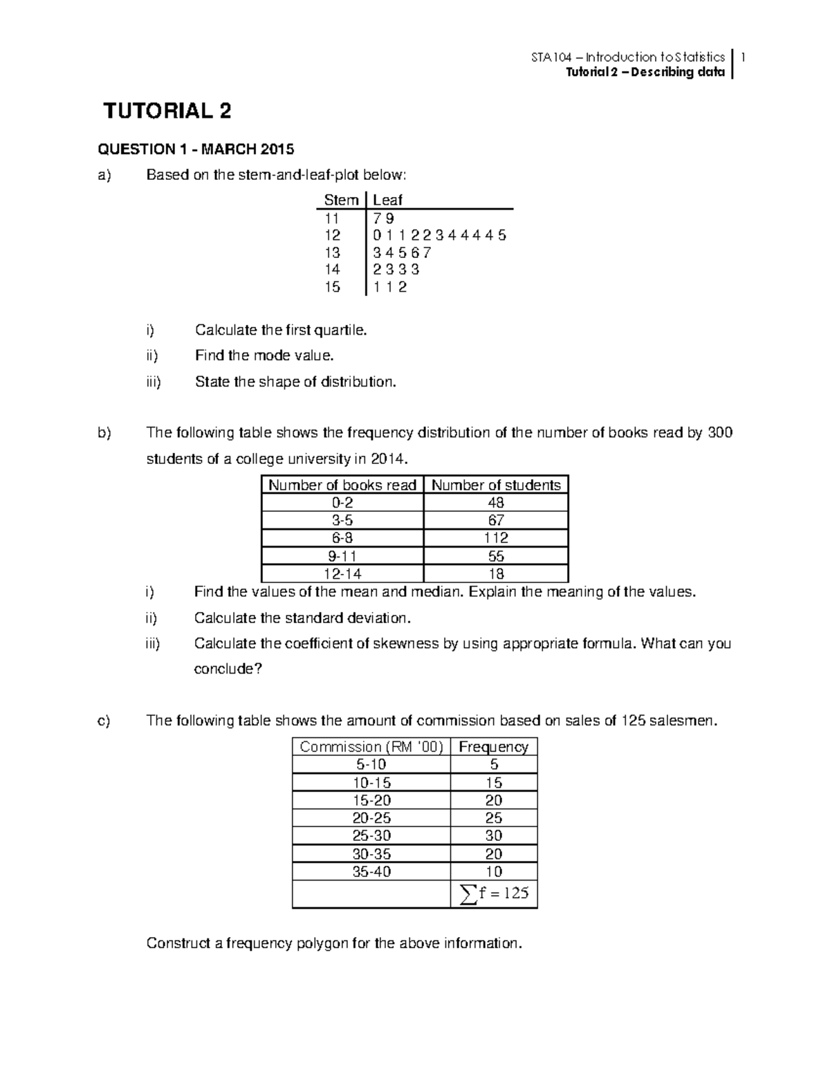 Tutorial 2 STA104 - Tutorial 2 – Describing data TUTORIAL 2 QUESTION 1 ...
