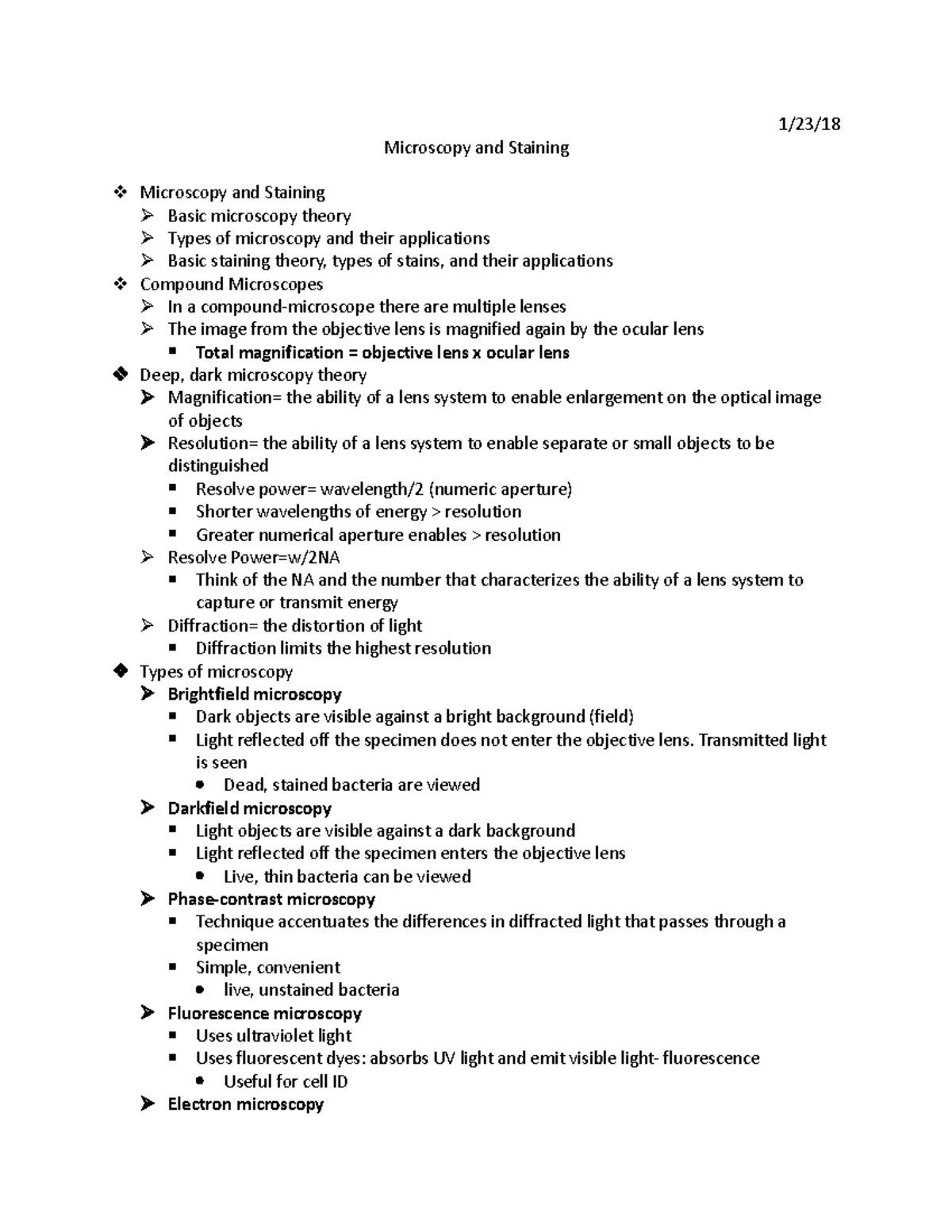 Bio day 2 - Bio notes - 1/23/ Microscopy and Staining Microscopy and ...