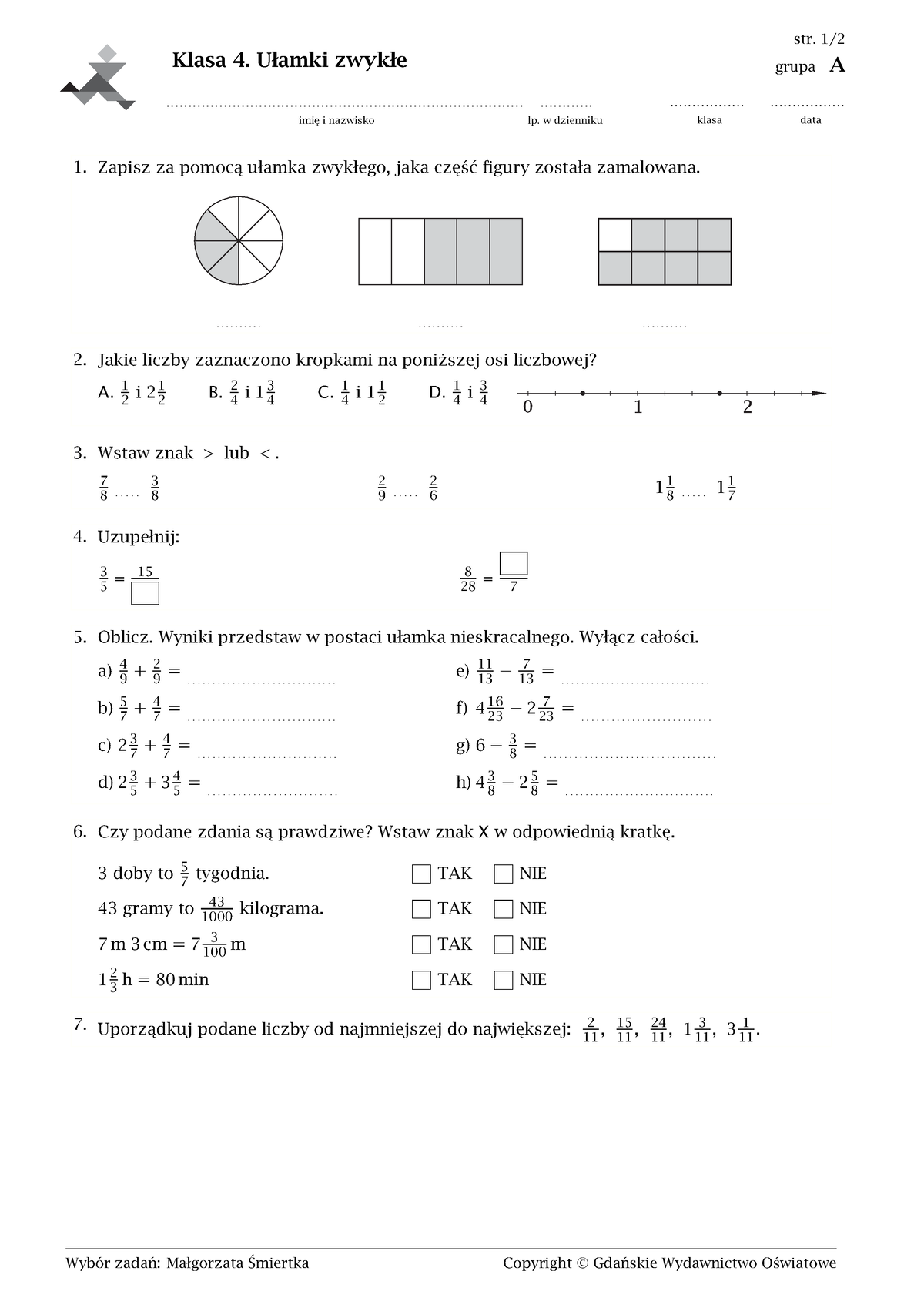 Ułamki Zwykłe Kl. 4 Gwo - Ułamki Zwykłe Kl. 4 Gwo - Klasa 4. Ułamki ...