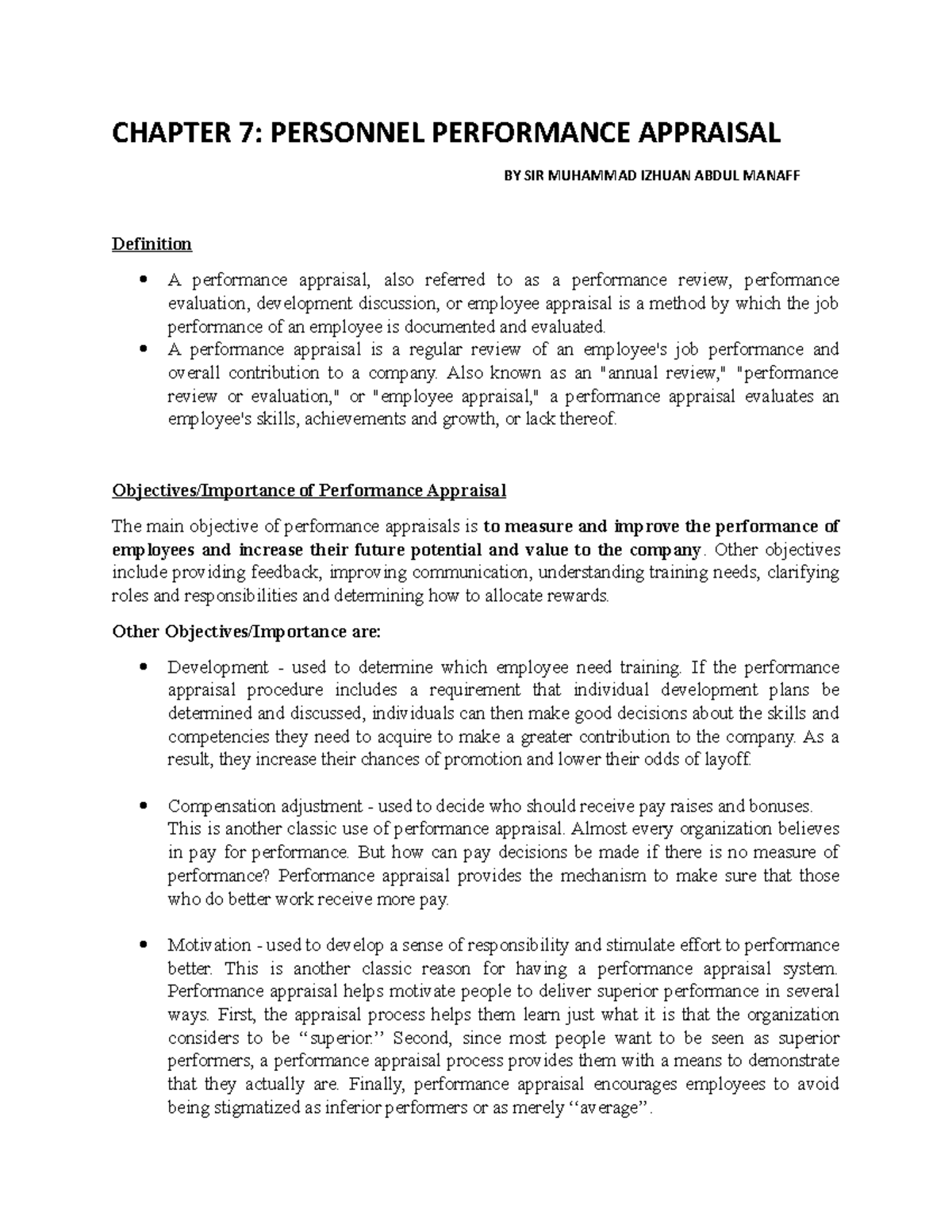 Chapter 7 - for students - CHAPTER 7: PERSONNEL PERFORMANCE APPRAISAL ...