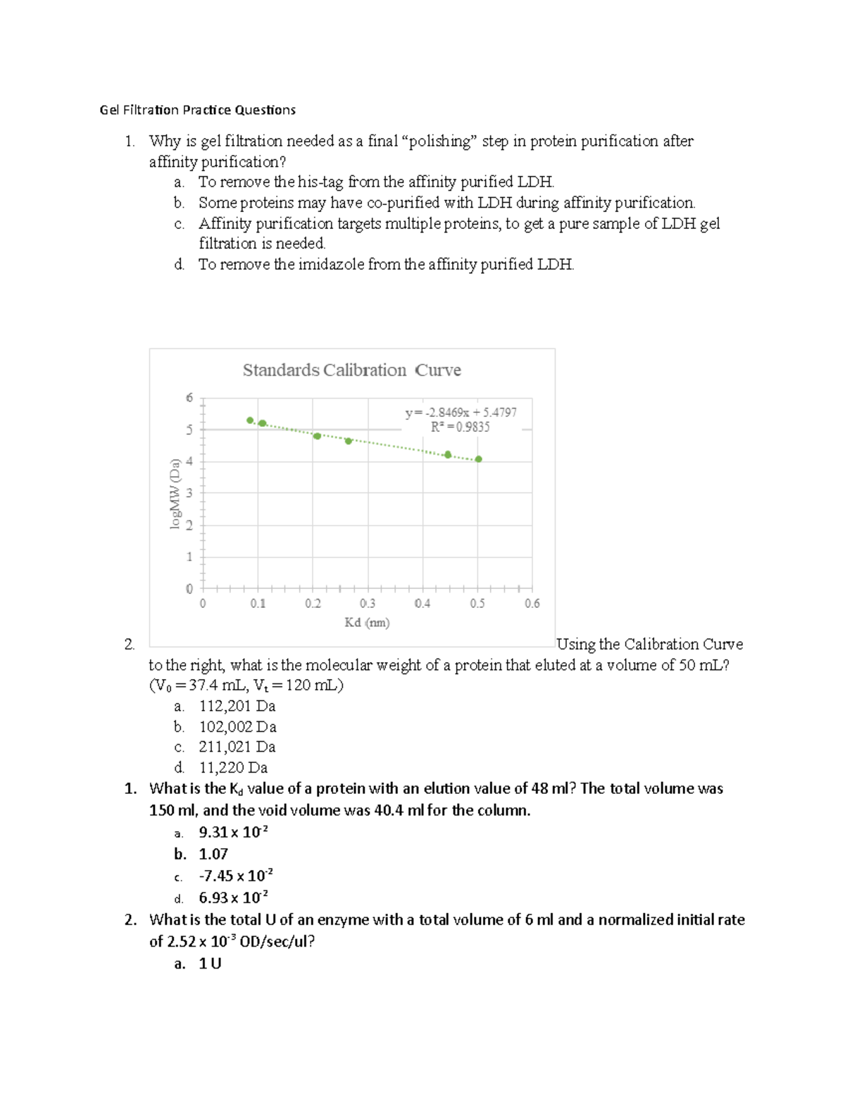 Gel Filtration Practice Questions To remove the histag from the