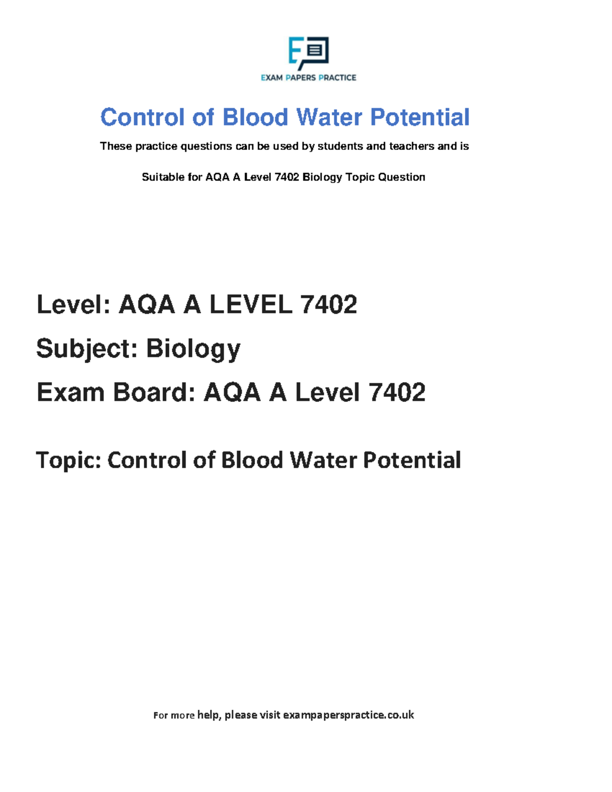 3.6 zzzz Control of Blood Water Potential These practice questions can be used by students